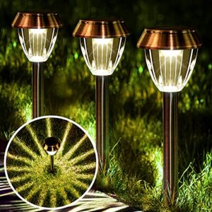 SOLATINO Solar Pathway Lights Outdoor Waterproof 6 Pack Solar Powered Garden Lights Bright Up to 12 Hrs Yard Light LED Landscape Lighting Decorative Copper Stainless Steel Walkway Light, Warm White