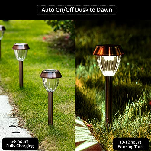 SOLATINO Solar Pathway Lights Outdoor Waterproof 6 Pack Solar Powered Garden Lights Bright Up to 12 Hrs Yard Light LED Landscape Lighting Decorative Copper Stainless Steel Walkway Light, Warm White