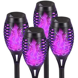 upgrade solar lights outdoor waterproof,4 pack solar outdoor torches lights with flickering flame mini solar landscape decoration lighting auto on/off pathway lights for garden yard patio (purple)