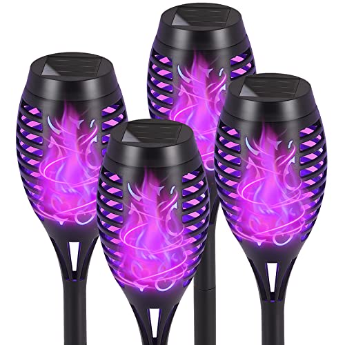 Upgrade Solar Lights Outdoor Waterproof,4 Pack Solar Outdoor Torches Lights with Flickering Flame Mini Solar Landscape Decoration Lighting Auto On/Off Pathway Lights for Garden Yard Patio (Purple)