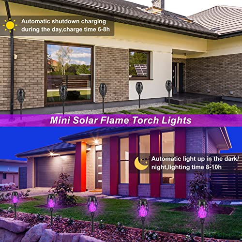 Upgrade Solar Lights Outdoor Waterproof,4 Pack Solar Outdoor Torches Lights with Flickering Flame Mini Solar Landscape Decoration Lighting Auto On/Off Pathway Lights for Garden Yard Patio (Purple)