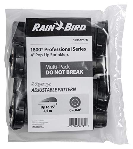 Rain Bird 1804AP4PK Professional Pop-Up Sprinkler, Adjustable 0° - 360° Pattern, 8' - 15' Spray Distance, 4" Pop-up Height, 4-Pack, Black