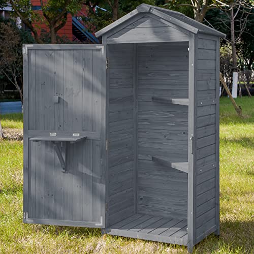 GLORHOME Outdoor Wooden Storage Sheds Tool Organizer Patio Garden Storage Cabinet Fir Wood Lockers with Workstation, Gray