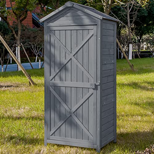 GLORHOME Outdoor Wooden Storage Sheds Tool Organizer Patio Garden Storage Cabinet Fir Wood Lockers with Workstation, Gray