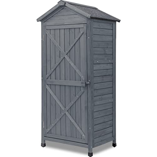 GLORHOME Outdoor Wooden Storage Sheds Tool Organizer Patio Garden Storage Cabinet Fir Wood Lockers with Workstation, Gray