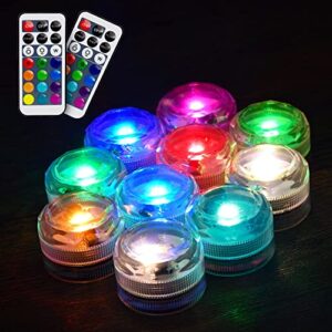 Mini Submersible Led Lights with Remote, Multicolor Underwater Tea Lights Candles, Waterproof Submersible Tea Lights Battery Operated Submersible Pool Lights for Wedding Vase Festival Party, 10pcs