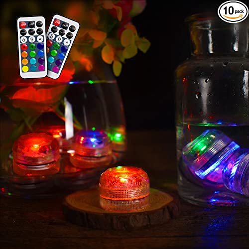 Mini Submersible Led Lights with Remote, Multicolor Underwater Tea Lights Candles, Waterproof Submersible Tea Lights Battery Operated Submersible Pool Lights for Wedding Vase Festival Party, 10pcs