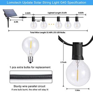 Lomotech Solar String Lights Outdoor, 32ft 25 LED Bulbs Globe Patio Sting Lights with 1 Spare Bulb, Waterproof Hanging Lights Outdoor for Yard, Gazebo, Porch, Cafe, Bistro, Garden (Plastic Bulb)