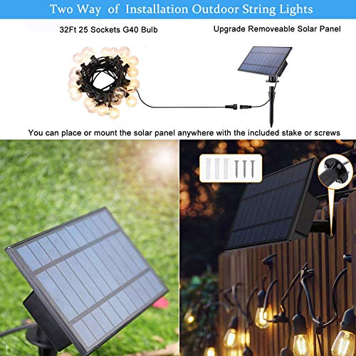 Lomotech Solar String Lights Outdoor, 32ft 25 LED Bulbs Globe Patio Sting Lights with 1 Spare Bulb, Waterproof Hanging Lights Outdoor for Yard, Gazebo, Porch, Cafe, Bistro, Garden (Plastic Bulb)