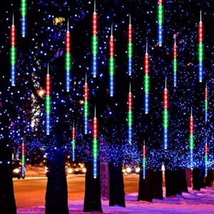 number-one meteor shower lights, led falling rain lights 30cm 8 tube 192 leds falling raindrop light, waterproof icicle snow fall string lights for xmas tree parties wedding garden (multi-colored)