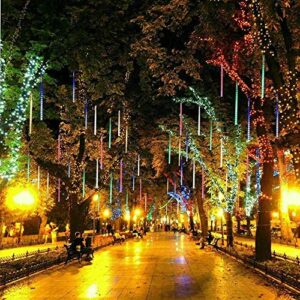 Number-One Meteor Shower Lights, LED Falling Rain Lights 30cm 8 Tube 192 LEDs Falling Raindrop Light, Waterproof Icicle Snow Fall String Lights for Xmas Tree Parties Wedding Garden (Multi-Colored)