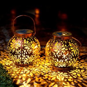 joiedomi 2 pack outdoor solar hanging lantern lights, waterproof tabletop solar lights with handle, led solar powered moroccan lanterns, metal decorative garden lights for patio, lawn, porch, backyard