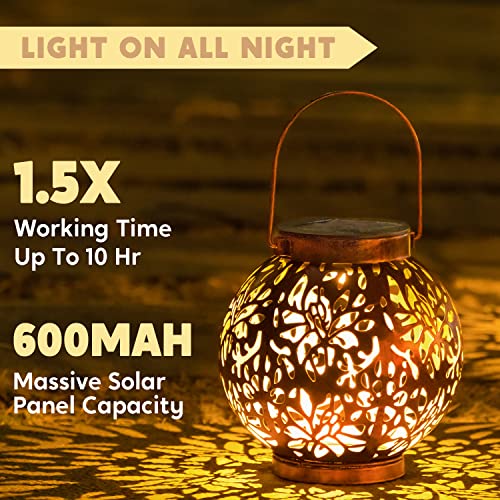 JOIEDOMI 2 Pack Outdoor Solar Hanging Lantern Lights, Waterproof Tabletop Solar Lights with Handle, LED Solar Powered Moroccan Lanterns, Metal Decorative Garden Lights for Patio, Lawn, Porch, Backyard
