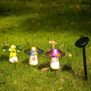 adeco solar garden lights outdoor set of 3 mini mushroom solar string lights thickened glass solar powered stake lights waterproof decoration lights for garden, backyard, lawn, pathway, party
