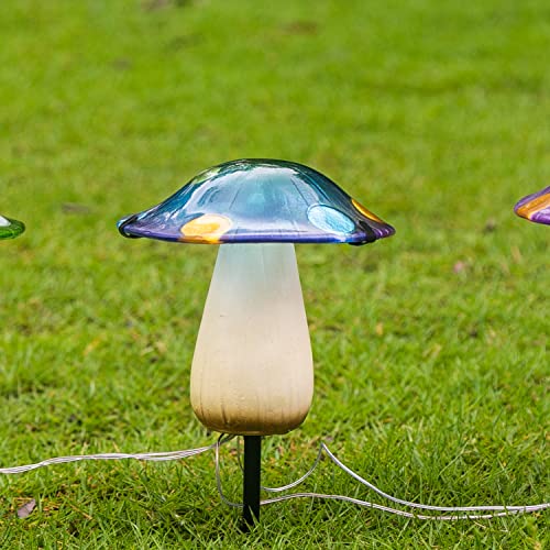 Adeco Solar Garden Lights Outdoor Set of 3 Mini Mushroom Solar String Lights Thickened Glass Solar Powered Stake Lights Waterproof Decoration Lights for Garden, Backyard, Lawn, Pathway, Party