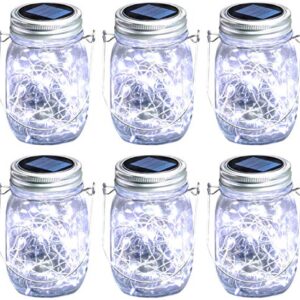 Nintiue Mason Jar Solar Lights, 6 Pack 30 LEDs Fairy Lights with Jars and Hangers, IPX6 Waterproof Hanging Solar Lights Outdoor, Decorative Solar Lanterns for Garden Fence Patio Wedding