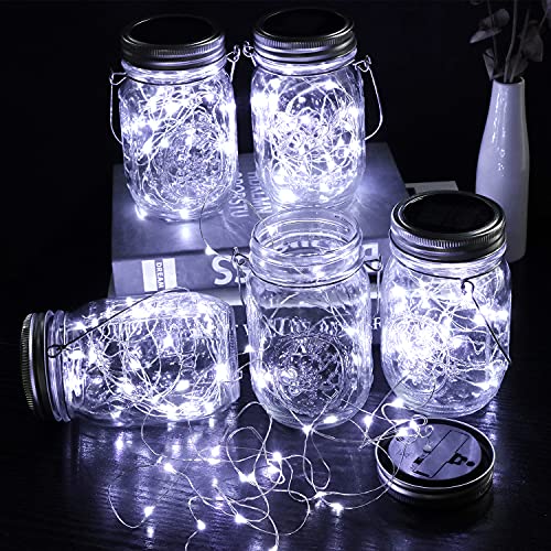 Nintiue Mason Jar Solar Lights, 6 Pack 30 LEDs Fairy Lights with Jars and Hangers, IPX6 Waterproof Hanging Solar Lights Outdoor, Decorative Solar Lanterns for Garden Fence Patio Wedding