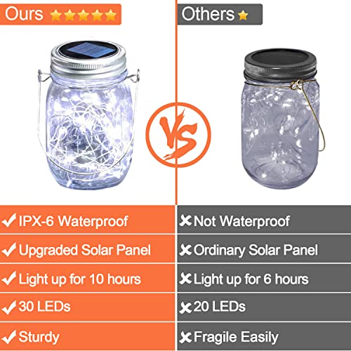 Nintiue Mason Jar Solar Lights, 6 Pack 30 LEDs Fairy Lights with Jars and Hangers, IPX6 Waterproof Hanging Solar Lights Outdoor, Decorative Solar Lanterns for Garden Fence Patio Wedding