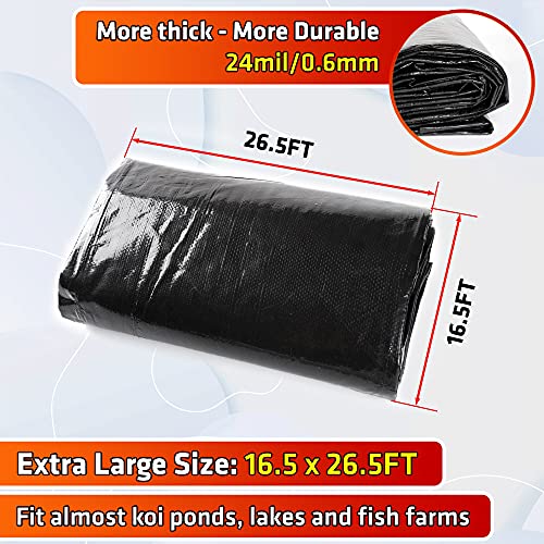 MAPORCH Upgraded 16.5 x 26.5FT Reinforced Polyethylene Fish Pond Liner with 24 Mils Thickness, Black Pond Skins Liner for Fish Koi Pond, Garden Pool and Irrigation Pond