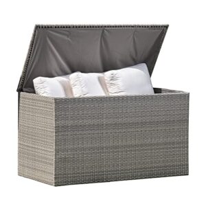 royal garden 230 gal extra large wicker furniture deck storage box for indoor outdoor use, storage for cushions, pillows, patio, and pool accessories w/ pneumatic hinges and internal liner (gray)