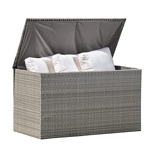 Royal Garden 230 Gal Extra Large Wicker Furniture Deck Storage Box for Indoor Outdoor Use, Storage for Cushions, Pillows, Patio, and Pool Accessories w/ Pneumatic Hinges and Internal Liner (Gray)