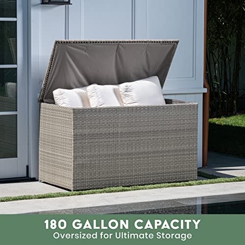 Royal Garden 230 Gal Extra Large Wicker Furniture Deck Storage Box for Indoor Outdoor Use, Storage for Cushions, Pillows, Patio, and Pool Accessories w/ Pneumatic Hinges and Internal Liner (Gray)