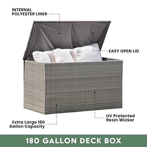 Royal Garden 230 Gal Extra Large Wicker Furniture Deck Storage Box for Indoor Outdoor Use, Storage for Cushions, Pillows, Patio, and Pool Accessories w/ Pneumatic Hinges and Internal Liner (Gray)