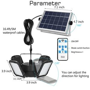 Solar Pendant Light Outdoor/Indoor, 128 LED 1000LM Solar Shed Light 4-Leaf 120° Adjustable Motion Sensor Solar Light with Remote, IP65 Waterproof Solar Security Light for Garage Garden Gazebo Porch