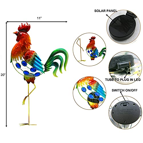 GDF 20" Chicken Decor - Outdoor Rooster Decor Solar Lights -Metal Rooster Garden Decorations for Yard Pathway Lawn Patio Courtyard , Gifts for Her/Him.