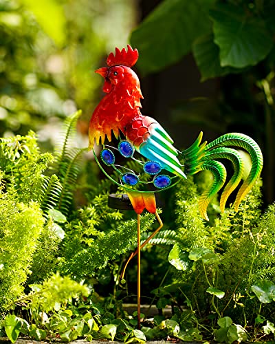 GDF 20" Chicken Decor - Outdoor Rooster Decor Solar Lights -Metal Rooster Garden Decorations for Yard Pathway Lawn Patio Courtyard , Gifts for Her/Him.