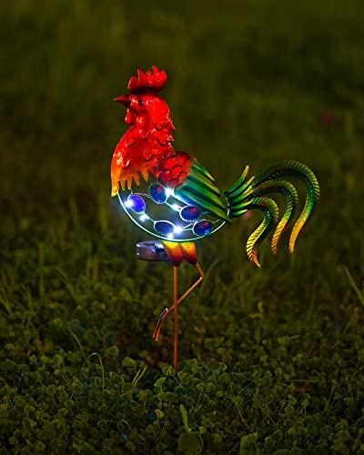 GDF 20" Chicken Decor - Outdoor Rooster Decor Solar Lights -Metal Rooster Garden Decorations for Yard Pathway Lawn Patio Courtyard , Gifts for Her/Him.