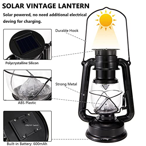 Solar Lantern Outdoor Waterproof Hanging LED Vintage Metal Lanterns Flickering Flame Garden Decorative for Yard Pathway Porch Patio Table 2 Pack