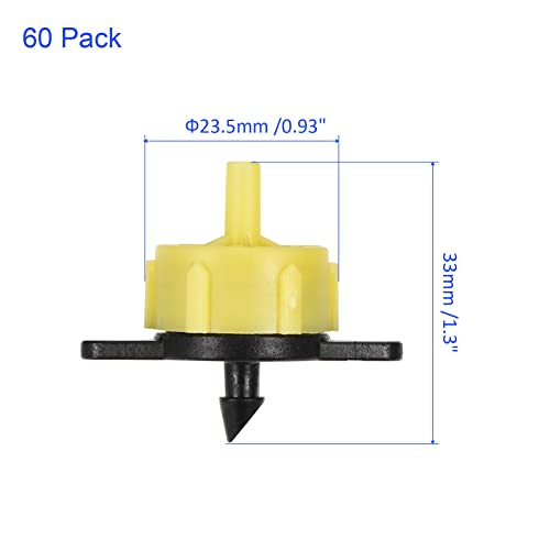 M METERXITY 60 Pack Irrigation Drip Emitters - Garden Lawn Pressure Compensating Dripper Constant Flow Apply to Watering System (33x23.5mm Yellow, Black)