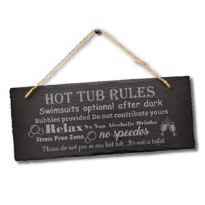 Hot Tub Rules Swimsuits Optional Engraved Hanging Slate Sign Pool Garden Plaque