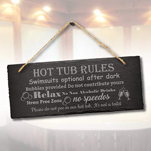 Hot Tub Rules Swimsuits Optional Engraved Hanging Slate Sign Pool Garden Plaque