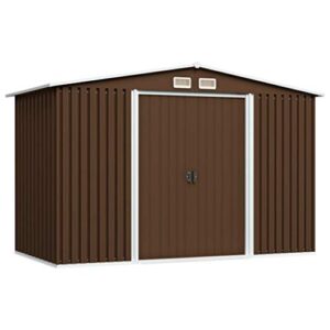 garden metal storage shed | outdoor tool shed storage room with vents | storage sheds with door for outside patio backyard yard lawn | brown galvanized steel 101.2″ x 80.7″ x 70.1″