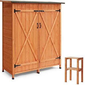 MELLCOM 63“ Wood Storage Shed, Outdoor Garden Shed with Wood Stool and Double Lockable Doors, Weather Resistant Tool Shed Organizer for Patio, Garden, Backyard, Lawn