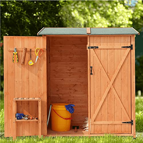 MELLCOM 63“ Wood Storage Shed, Outdoor Garden Shed with Wood Stool and Double Lockable Doors, Weather Resistant Tool Shed Organizer for Patio, Garden, Backyard, Lawn