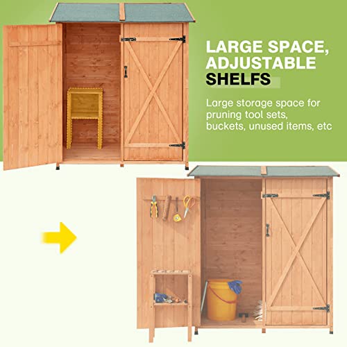 MELLCOM 63“ Wood Storage Shed, Outdoor Garden Shed with Wood Stool and Double Lockable Doors, Weather Resistant Tool Shed Organizer for Patio, Garden, Backyard, Lawn