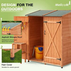 MELLCOM 63“ Wood Storage Shed, Outdoor Garden Shed with Wood Stool and Double Lockable Doors, Weather Resistant Tool Shed Organizer for Patio, Garden, Backyard, Lawn