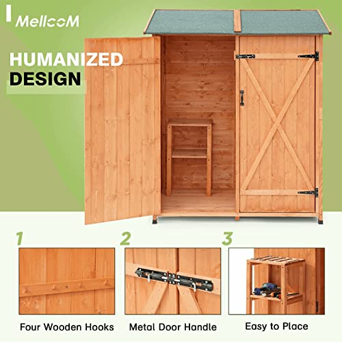 MELLCOM 63“ Wood Storage Shed, Outdoor Garden Shed with Wood Stool and Double Lockable Doors, Weather Resistant Tool Shed Organizer for Patio, Garden, Backyard, Lawn