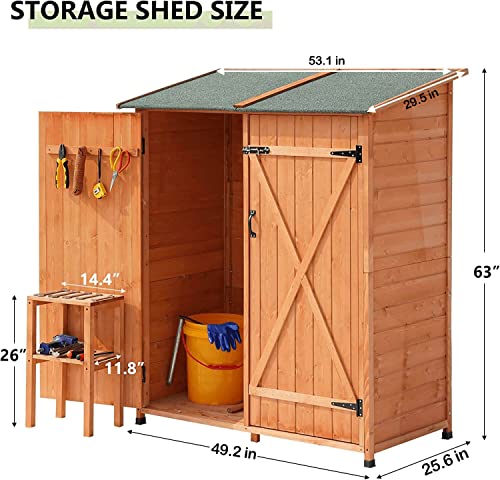 MELLCOM 63“ Wood Storage Shed, Outdoor Garden Shed with Wood Stool and Double Lockable Doors, Weather Resistant Tool Shed Organizer for Patio, Garden, Backyard, Lawn