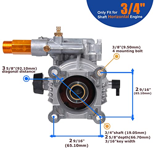 TOOLCY 3/4" Shaft Horizontal Pressure Washer Pump - Max 3100 PSI @ 2.5 GPM - Power Washer Pump for Gas Washer - Replacement Pump for Honda, Simpson, Ryobi etc.