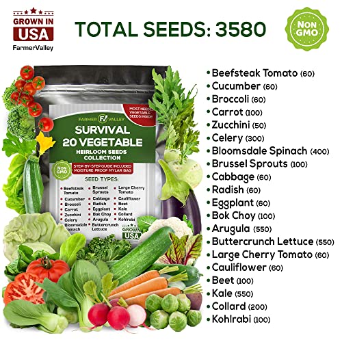 20 Heirloom Vegetable Seeds for Planting - 100% Non GMO - Most Popular Garden Vegetable Seeds Variety Pack - Cucumber, Carrot, Broccoli, Radish, Kale, Zucchini, Cabbage, Beet, Arugula, Celery and More