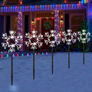 5 Pieces Christmas Snowflake Pathway Lights, Snowflake Pathway Markers Total 120 Cool White LEDs Christmas Outdoor Landscape Fairy Light Power Operated for Pathway Walkway Garden Lawn Patio Decoration