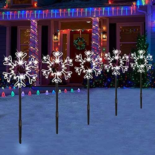 5 Pieces Christmas Snowflake Pathway Lights, Snowflake Pathway Markers Total 120 Cool White LEDs Christmas Outdoor Landscape Fairy Light Power Operated for Pathway Walkway Garden Lawn Patio Decoration