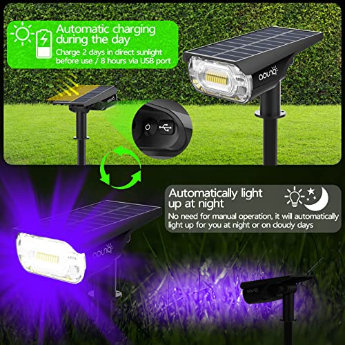 64 LEDs Solar Spot Lights Outdoor Landscape Lighting, AOUNQ 1000 Lumens 3 Lighting Modes Solar Outdoor Lights Purple, IP67 Waterproof Solar Spotlight 2-in-1 Garden Light, for Yard Pathway Flag, 2 Pack