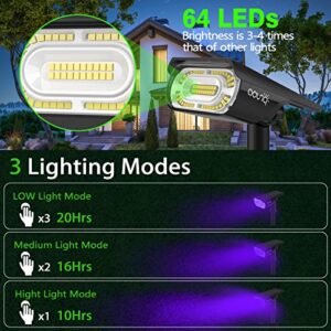 64 LEDs Solar Spot Lights Outdoor Landscape Lighting, AOUNQ 1000 Lumens 3 Lighting Modes Solar Outdoor Lights Purple, IP67 Waterproof Solar Spotlight 2-in-1 Garden Light, for Yard Pathway Flag, 2 Pack