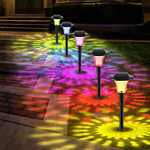 Sparkling Wonderful Solar Pathway Lights, 6 Pack Garden Solar Outdoor Lights IP65 Waterproof, 7 Auto Color Changing and Warm Color Solar Powered Landscape Lights for Lawn Walkway Patio Yard