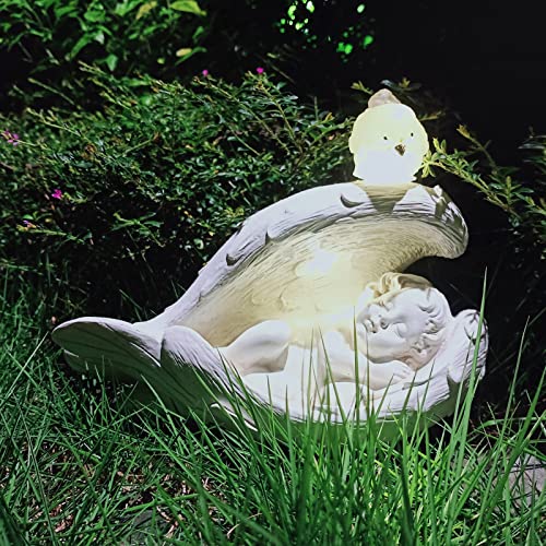 HONGRUIART Solar Sleeping Baby Angel Statue, Solar Light Cherub Angel in Wings with Bird, Memorial Guardian Angel Bady Statue Indoor and Outdoor Home Garden Decoration